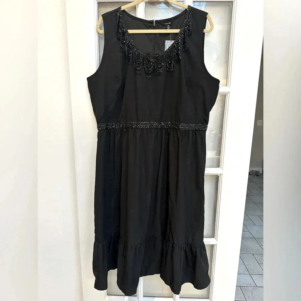 J. Peterman Black Beaded Shift Evening Formal Midi Dress Ruffle Plus Size 20 NWT
